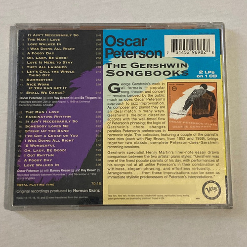 Oscar Peterson / Plays The G. Gershwin Song Book Cd 1996 Usa Estándar (Usado)