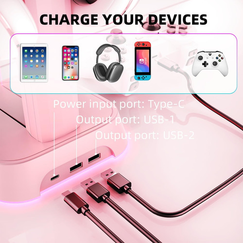 Base Soporte Para Audifonos Gamer Rgb 7 Modos Rosa Carga Usb
