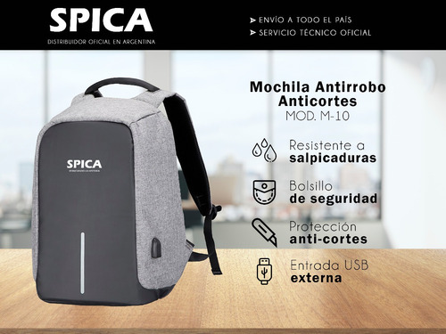 Mochila Antirrobo Impermeable Spica M-10 Usb Porta Notebook