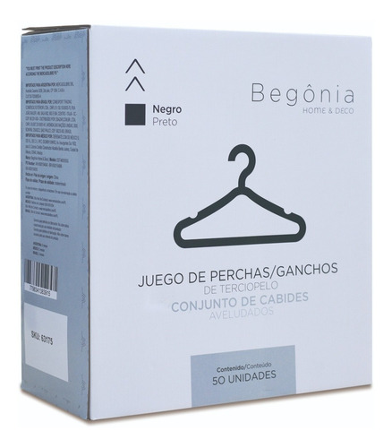 Perchas Begônia De Terciopelo Antideslizante X 50 Negras