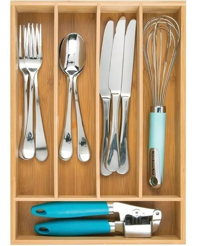 Imagen 6 de 10 de Cubiertero Organizador Bambu 5 Divisiones Cubertero 35x25cm