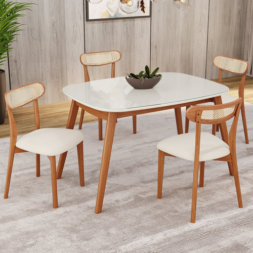 Conjunto Sala De Jantar Mesa 110x80cm Tampo Em Mdf Com Vidro