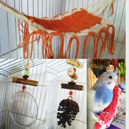 3 Brinquedos Calopsita Periquito Rede + Balanço + Pinha
