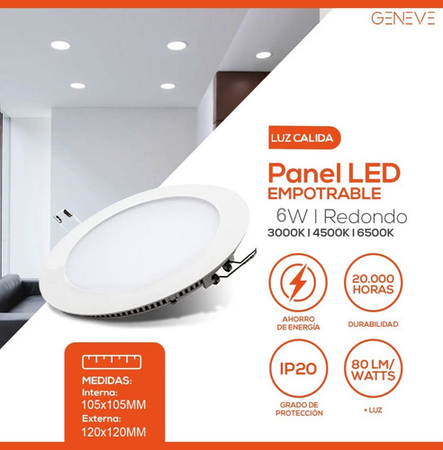 Plafon Panel Led 6w Embutir Redondo Circular Empotrar Full Estructura Blanco Cálido