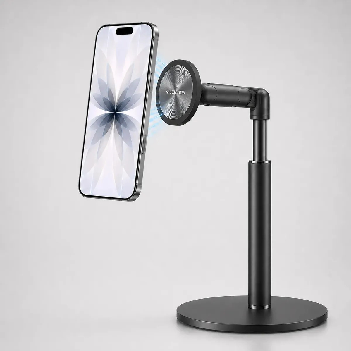 Suporte De Mesa Para Celular Magnético Metal Preto Articulado Ajustável Giratório 360°