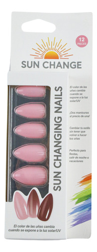 Kit Uñas Postizas Sun Change Presson Cambia Color 12 Piezas Rosa/marrón Punta