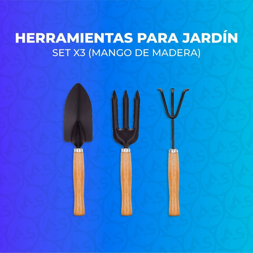Imagen 2 de 10 de Set Jardineria X3 Herramientas Jardin Huertas Mango Madera