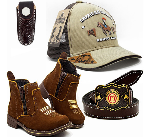 Kit Infantil Bota Botina Bordada Bone Cinto Bainha Cowboy