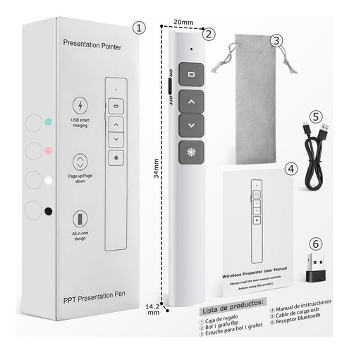 Apuntador Presentador Láser Inalámbric Remoto Usb Recargable Color Blanco