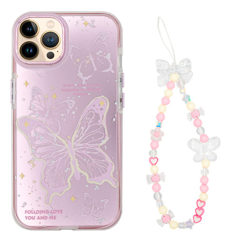 Protector iPhone 13 Pro Max Diseño Mariposas Rosa Con Corre