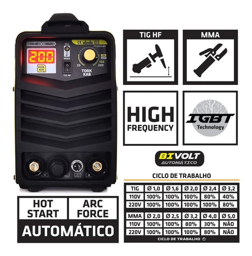 Imagem 6 de 7 de Máquina De Solda Inversora Kab 200a Tig Hf Mma Bivolt Tork