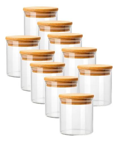Kit 10 Potes De Vidro Hermético 200ml Tampa De Bambu Marrom-claro