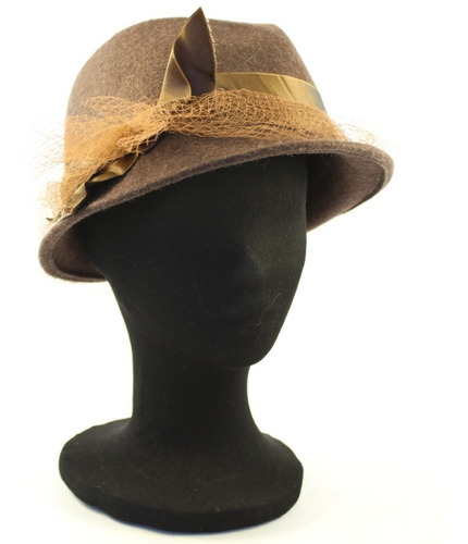 Sombrero Marron Encaje Fedora Pura Lana Premium Italiano 