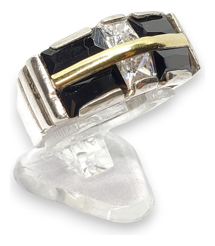 Anillo Plata Y Oro Con 4 Piedras Baguette Onix Y 2 Cubic