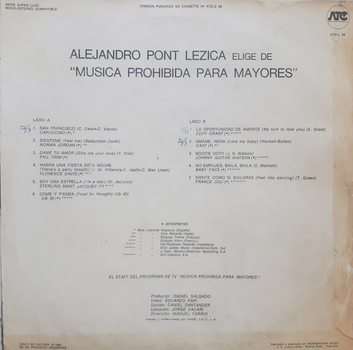 Alejandro Pont Lezica - Música Prohibida Para Mayores R Lp (Usado)