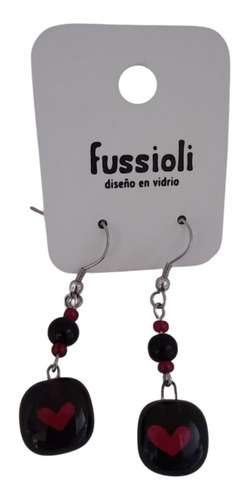 Imagen 3 de 3 de Aretes Largos Corazón Rojinegro Acero Y Vidrio Fusionado