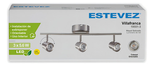 Pack 3 Rieles 3 luces Led Estévez, 17W, Luz Cálida, Níquel