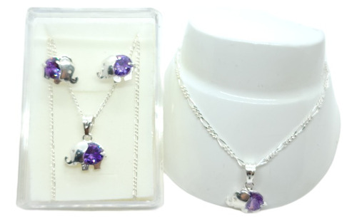 Collar De Elefante Morado De Plata +aretes+pulsera E2