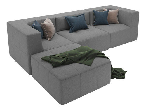 Sofá Modular Na Caixa 3 Lugares Living Sala Boucle Cor Cinza - 2 Braços E Chaise Lado Esquerdo Ou Direito, Design Moderno E Aconchegante