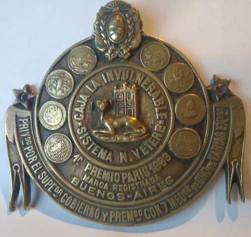 Antiguo Escudo Bronce Caja La Invulnerable Premio Paris 1889 (Usado)