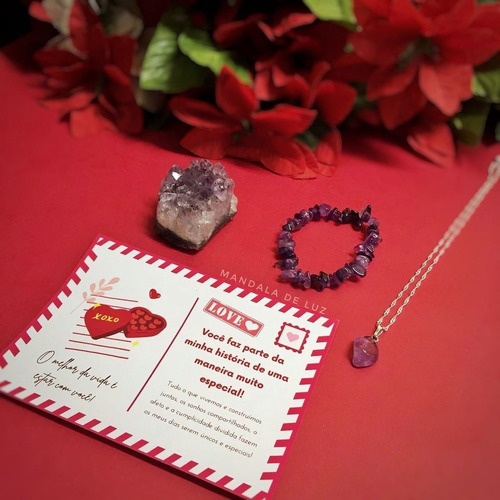 Kit Cartão Amor + Pedra Bruta Pulseira E Colar Ametista