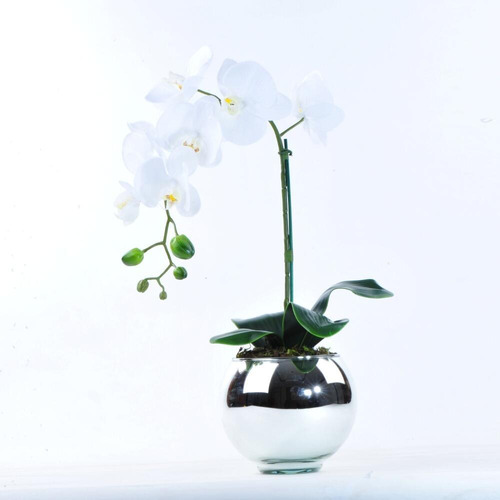 Arranjo De Orquídea Artificial Branca Em Vaso Prata Eros | Parcelamento sem  juros