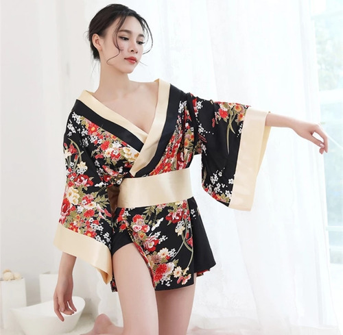 Kimono Mujer Rojo Y Negro Estampado Oriental Incluye Obi