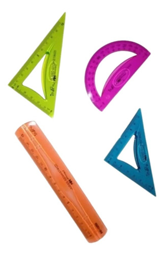 Set 4 Regla Y Escuadras Flexibles Diferentes Irrompible Neon