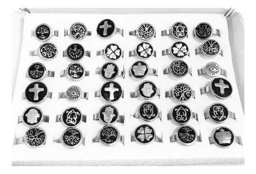 Caja de 36 anillos de acero quirúrgico tipo alianzas cinta con cuadrados  picaditos, en medidas variadas 52, 56, 59 y 61 - Joyas Claudio di Salerno