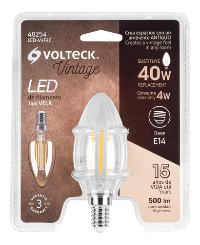 Lámpara Tipo Vela, 4 W C/ Filamento, Base E14, Volteck 48254