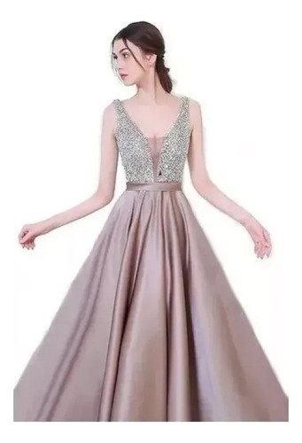 Elegante Vestido De Fiesta De Noche Con Piedra Y Raso