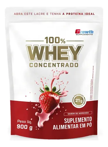 100% Whey Concentrado 900g Growth Supplements Morango