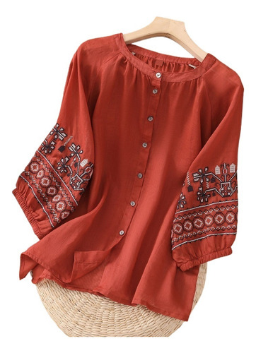 Blusa Bordada De Lino Y Algodón Con Mangas Tipo Farol De M