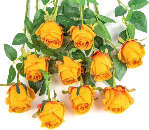 10 Rosas Artificiales De Tallo Largo - Naranja