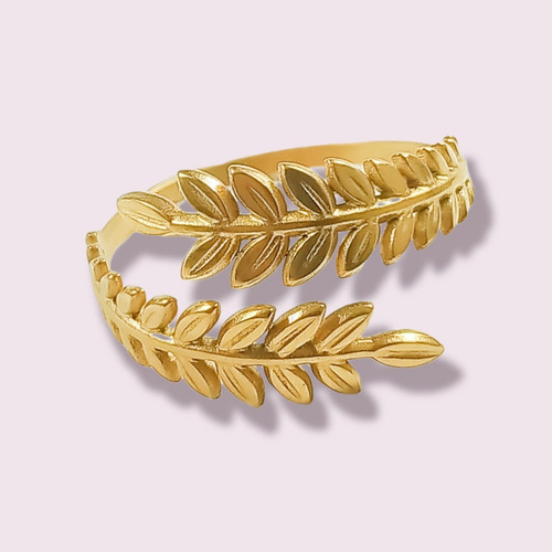 Imagen 10 de 10 de Anillo Ajustable Espiga Dorada Hoja Enchapado En Oro 18k