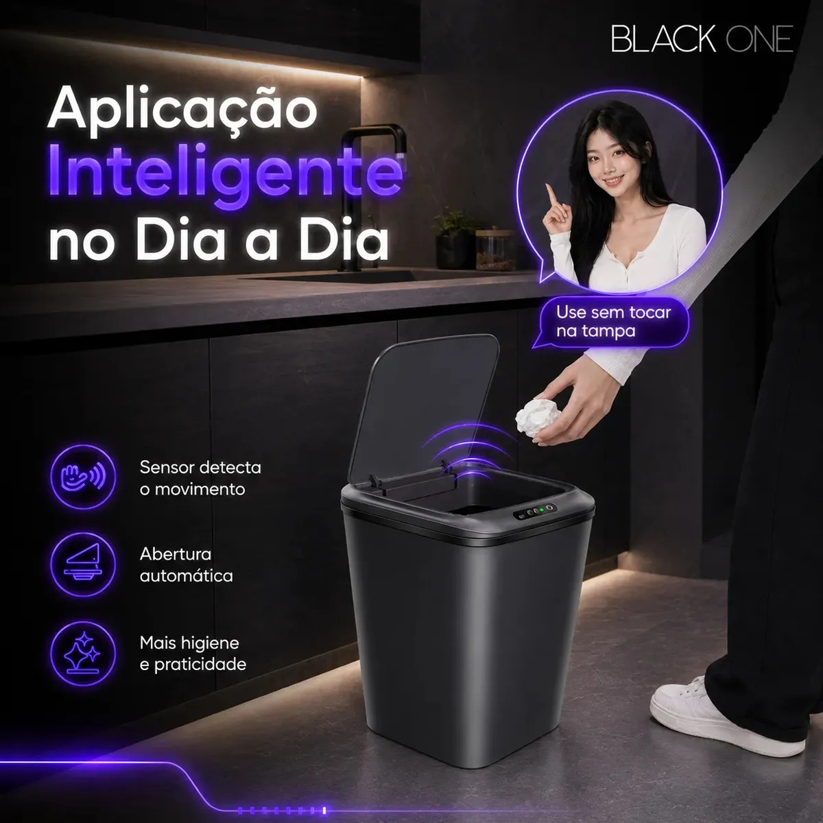 Lixeira Inteligente Sensor Automático 16l Cinza Smart Recarregável Para Banheiro E Cozinha