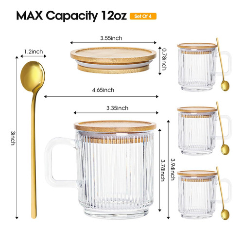 Juego De 4 Tazas De Café De Vidrio Con Tapas De Bambú Y Cuch