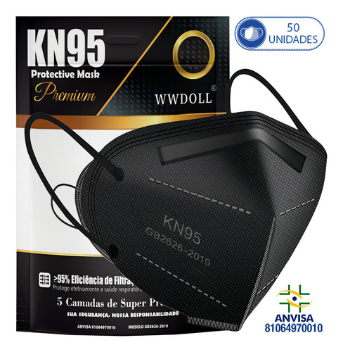 50un Máscaras Descartáveis Kn95 Pff2 Wwdoll C Código Anvisa Cor Preto
