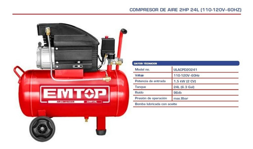 Imagen 2 de 4 de Compresor De Aire 2hp 24l (110-120v~60hz)