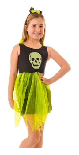 Disfraz Calavera Esqueleto Niña Halloween Tutu Vincha Fluo 