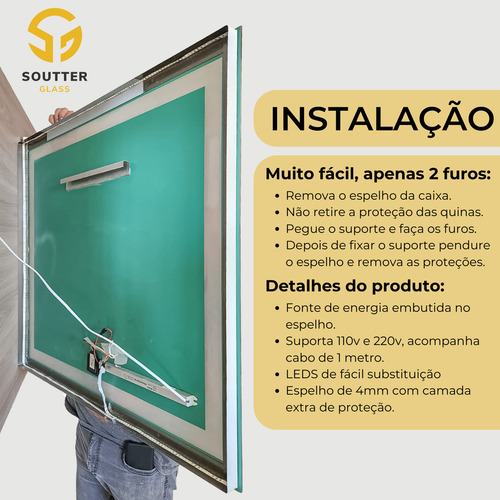 Espelho Retangular Jateado Com Led 60x90 3 Tonalidades