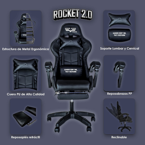 Silla de escritorio Steelpro ROCKET 2.0 gamer ergonómica negra y azul con tapizado de cuero sintético
