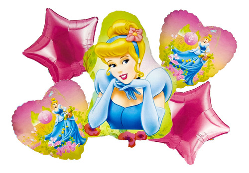 Bouquet Globos Kit Princesas Cenicienta Niña Rosado Corazón