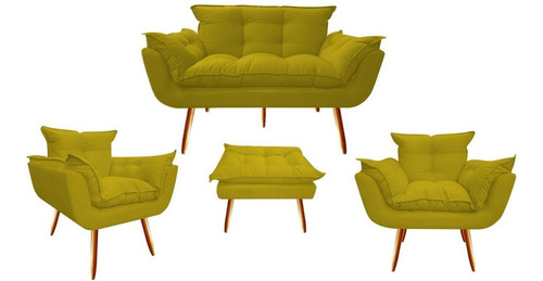Namoradeira + 2 Poltronas + Puf Opala Suede Amarelo Sala
