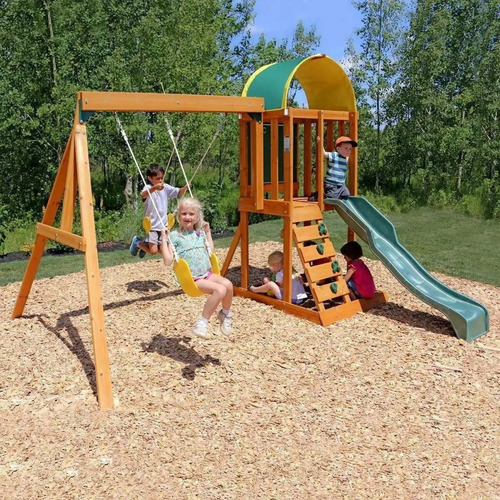 Casita De Madera Infantil Resbaladilla Columpios Didáctico