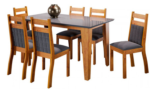 Mesa De Jantar 6 Lugares Beach Com Vidro Mel/grafite - Viero Pés Cinza