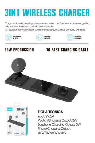 Kbod W10 Cargador Inalámbrico Magnético 3 En 1 Carga Rápida De 15w Diseño Plegable Carga Por Contacto Incluye Cable 1 Mt De Fast Charge