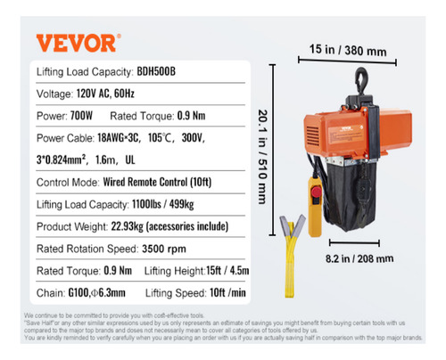 Polipasto Cadena Hoist 1100lb Control Remoto 110v 15 Pies