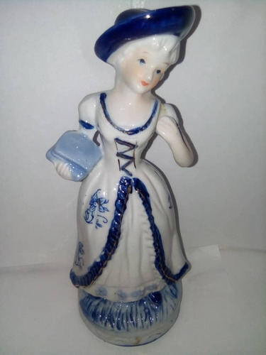 Antigua Figura De Porcelana Dama Pintada De Azul Con Destaqu