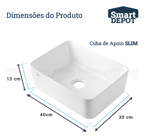 Cuba Pia Ceramica Louça Banheiro Lavabo Apoio Retangular Acabamento Brilhante, Cerâmica Cor Branco